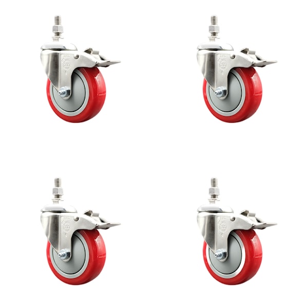 Service Caster 4 Inch 316SS Red Polyurethane Wheel Swivel 1/2 Inch Stem Caster Set Lock Brake SS316TSTTL20S414-PPUB-RED-121315-4 - main